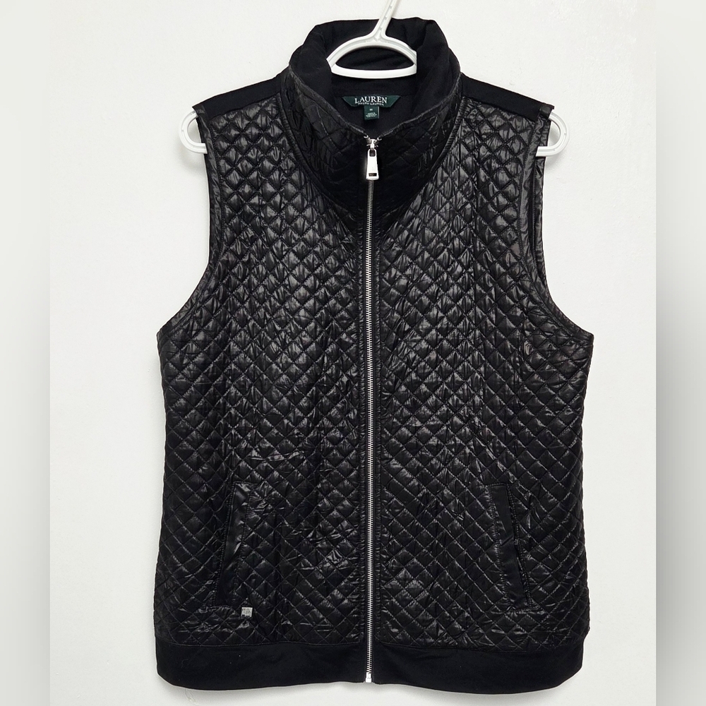 Ralph Lauren Womens Sz M Black Quilted Vest Full Zip Pocket